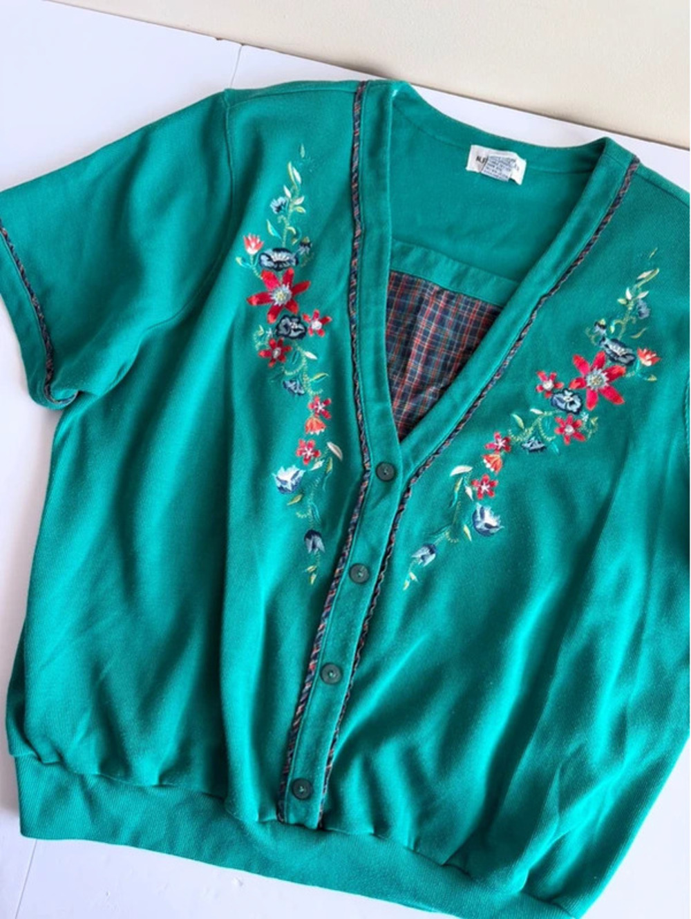 Vintage Alfred Dunner Floral Embroidered Faux Cardigan Top Green Size 3X